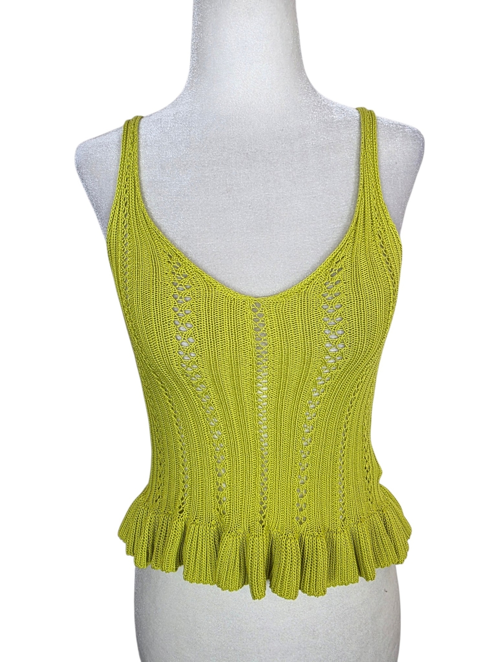 Zara Lime Green Open-Knit Ruffle Hem Tank Top